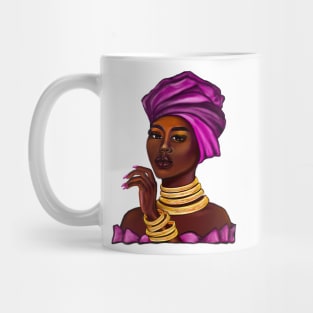 Queen side eye Black is beautiful black girl with Gold bangles, neck ring necklace, purple dress and head wrap, brown eyes and dark brown skin ! Mug